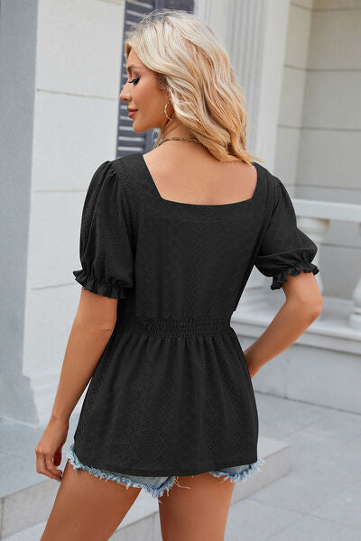 Eyelet Square Neck Short Sleeve T-Shirt