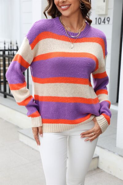 Color Block Round Neck Dropped Shoulder Sweater