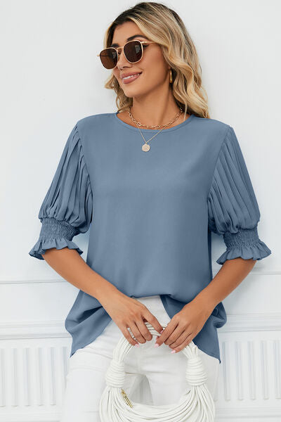 Frill Round Neck Lantern Sleeve T-Shirt