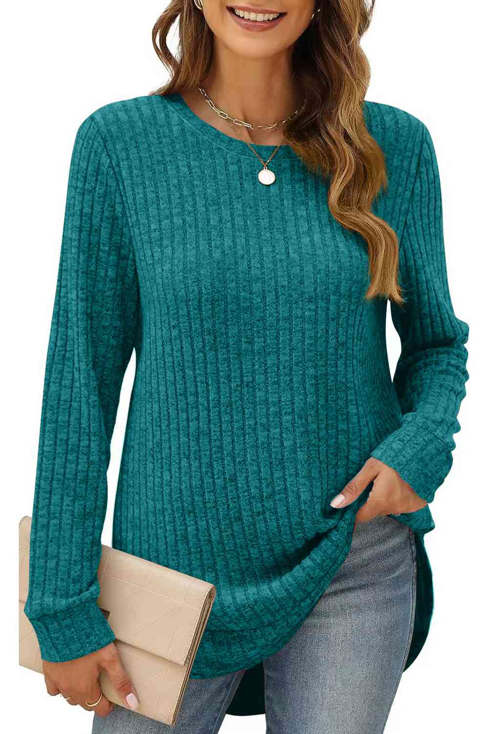 Ribbed Round Neck Long Sleeve T-Shirt