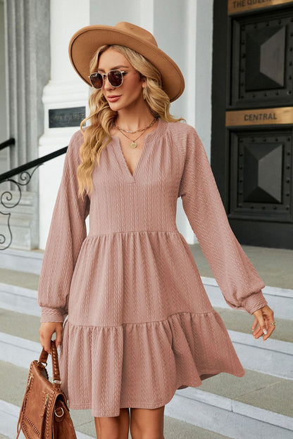 Notched Neck Long Sleeve Mini Dress