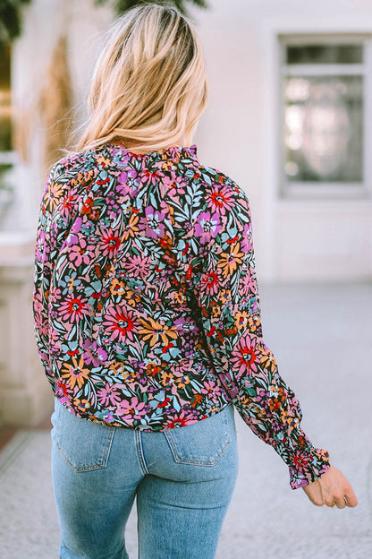 Floral Tie Neck Flounce Sleeve Blouse