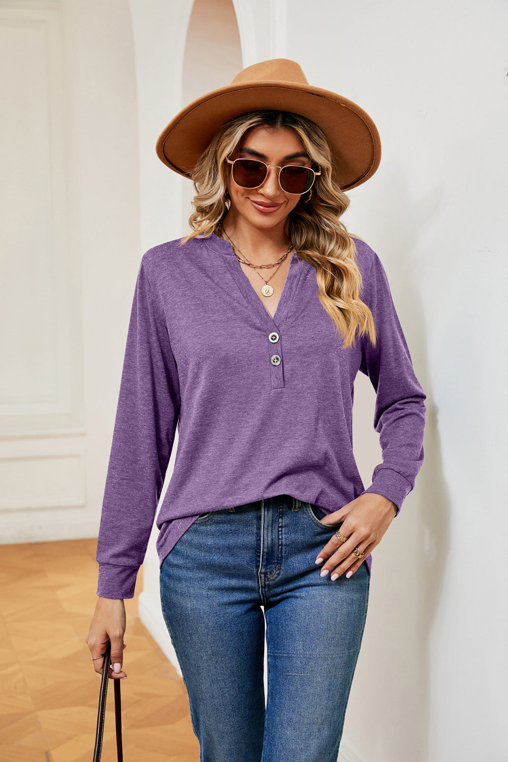 Buttoned Notched Neck Long Sleeve Top