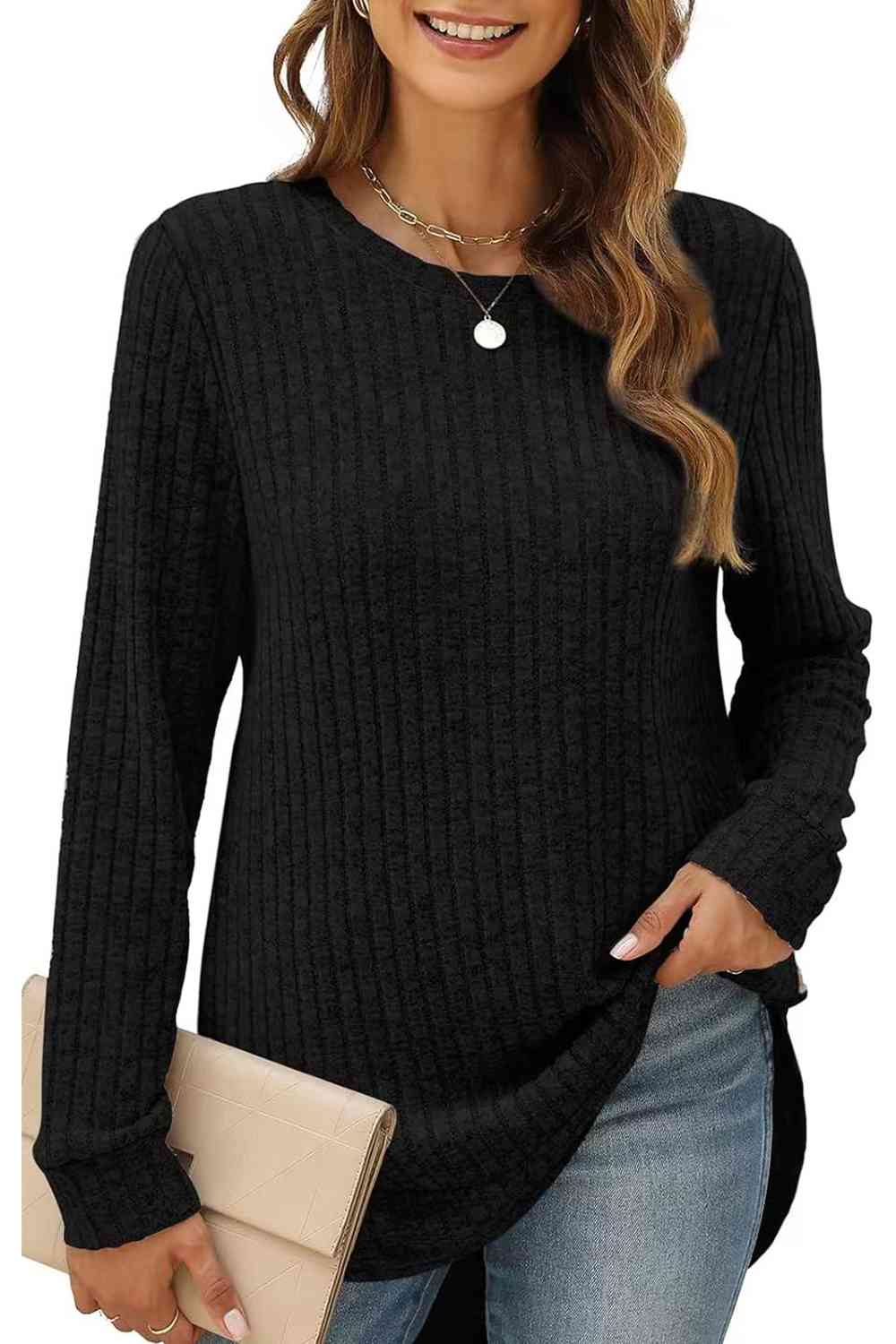 Ribbed Round Neck Long Sleeve T-Shirt