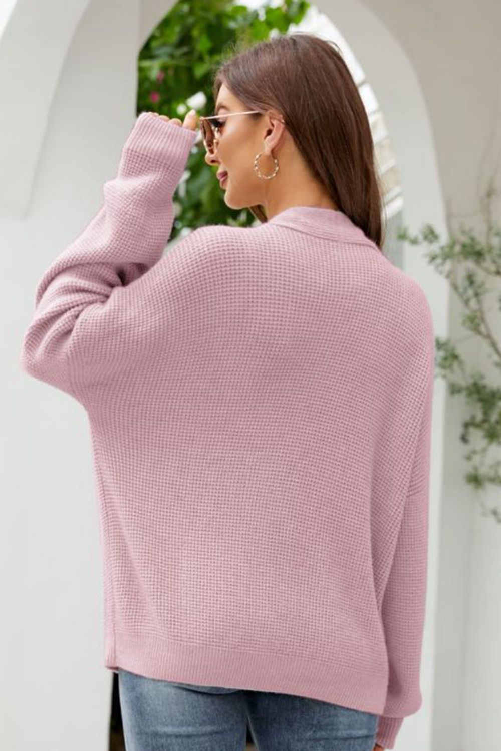 Waffle-Knit Dropped Shoulder Cardigan