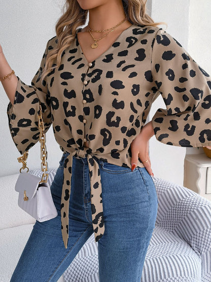 Tied Button Up Leopard V-Neck Blouse