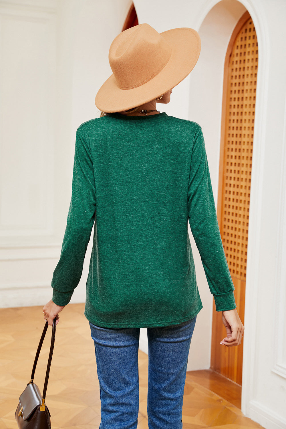 Buttoned Notched Neck Long Sleeve Top