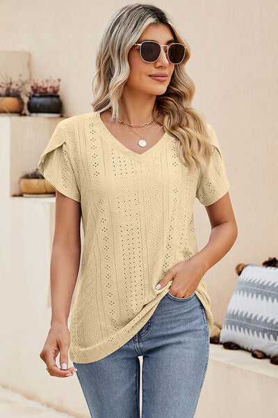 Eyelet V-Neck Petal Sleeve T-Shirt