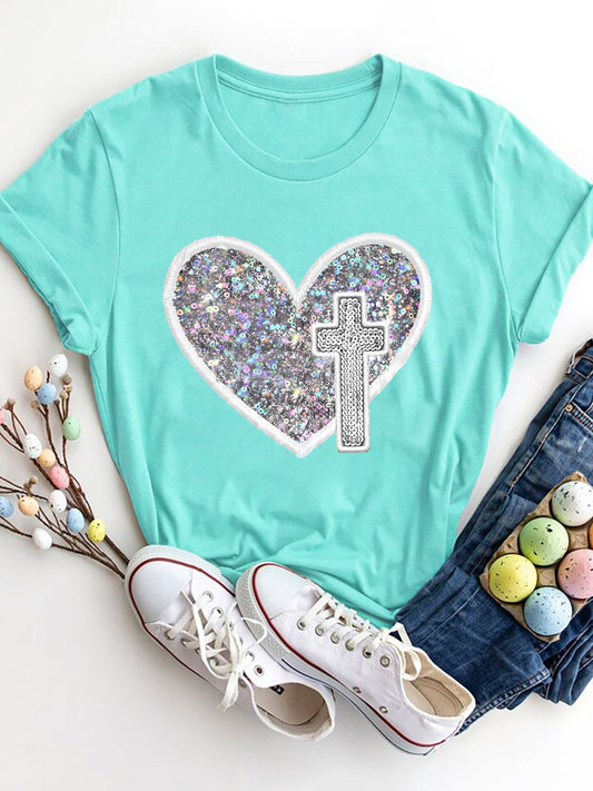 Sequin Heart Round Neck Short Sleeve T-Shirt