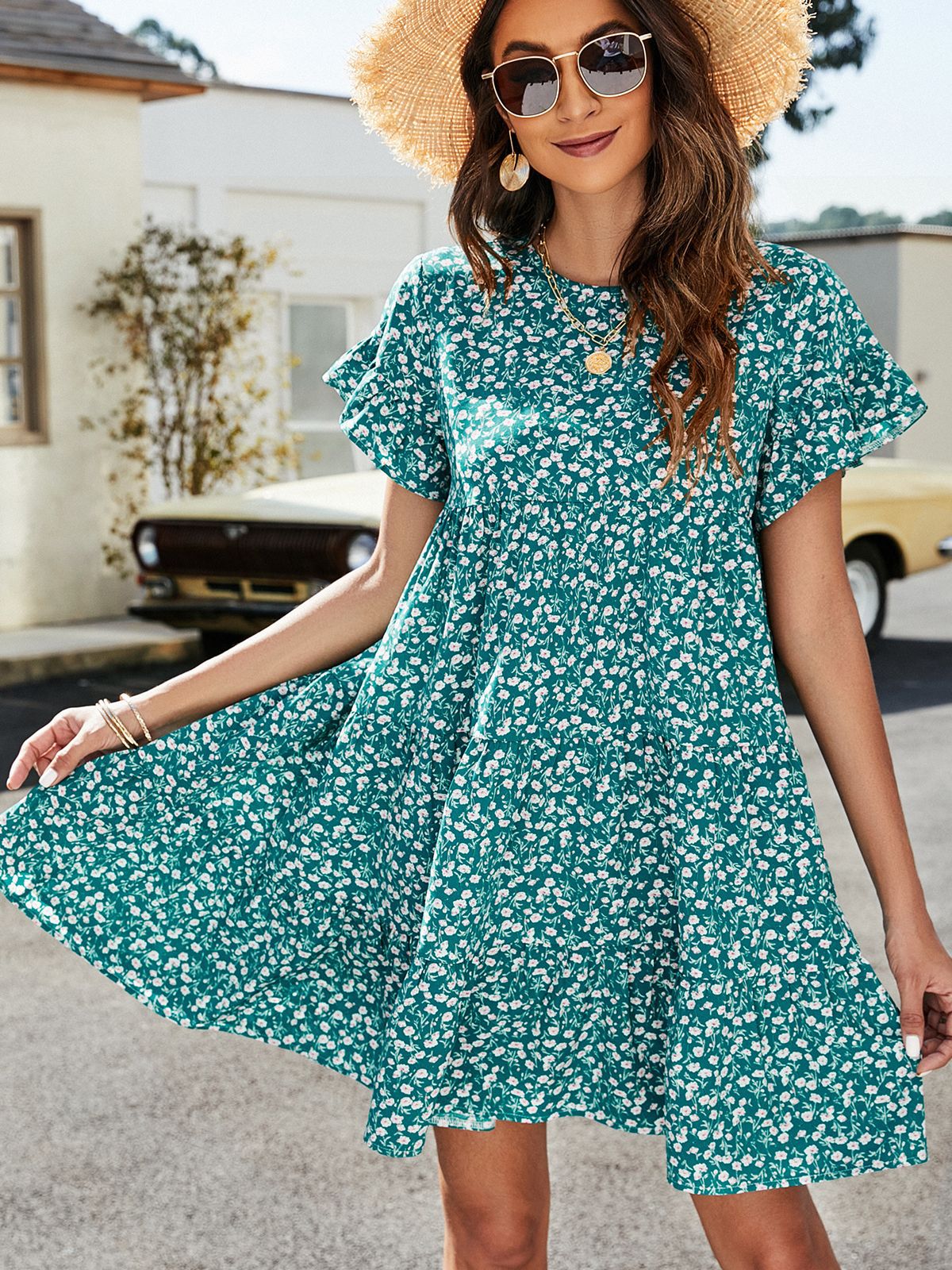 Short Flounce Sleeve Tiered Dress