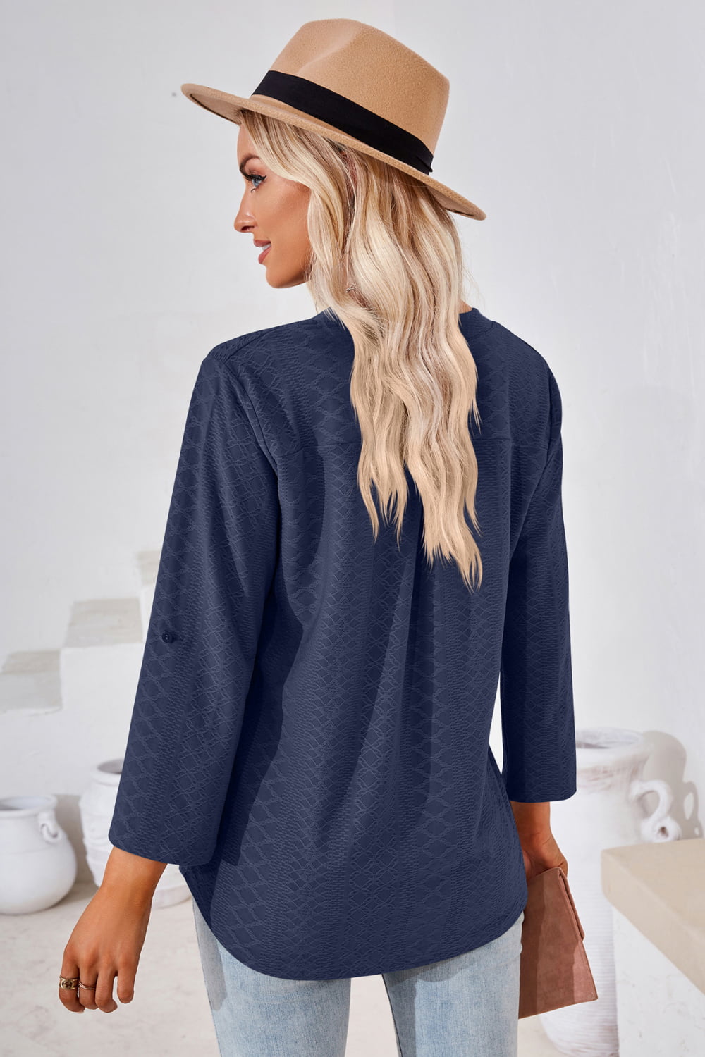 V-Neck Roll-Tap Sleeve Blouse