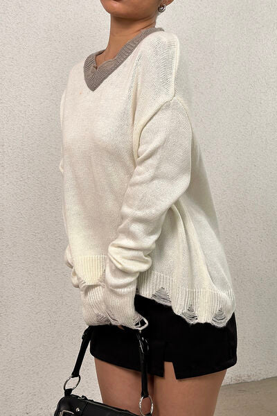 Distressed V-Neck Dropped Shoulder Sweater