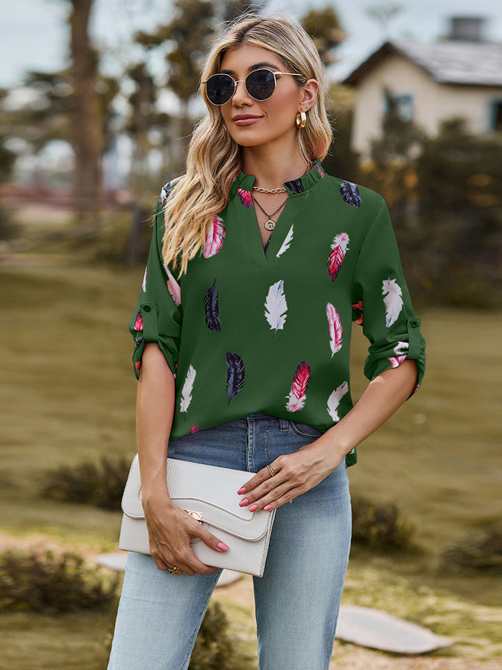 Printed Roll-Tab Sleeve Notched Neck Blouse