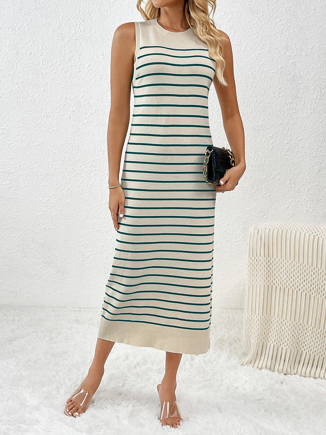 Round Neck Sleeve Midi Knit Dress