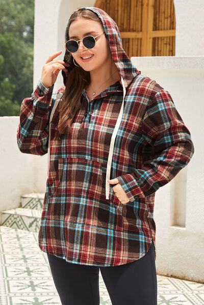 Plus Size Drawstring Plaid Quarter Button Hoodie