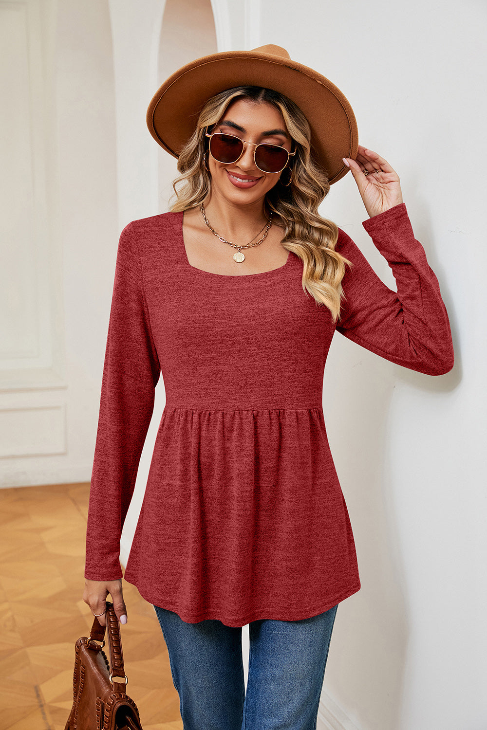 Square Neck Long Sleeve Peplum Top