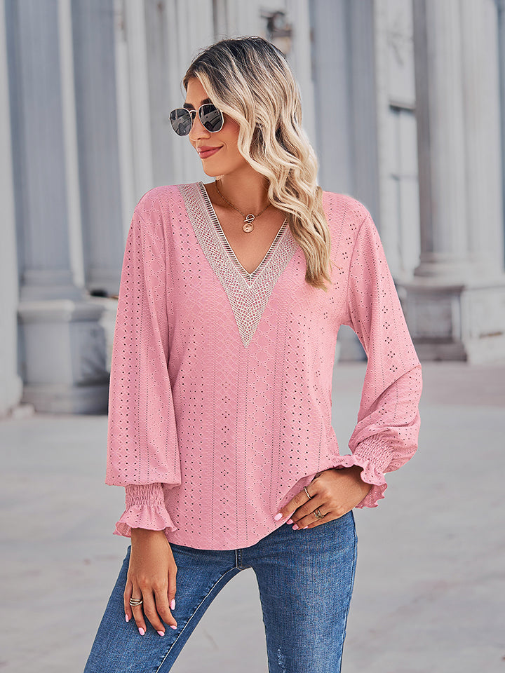 V-Neck Eyelet Flounce Sleeve Blouse