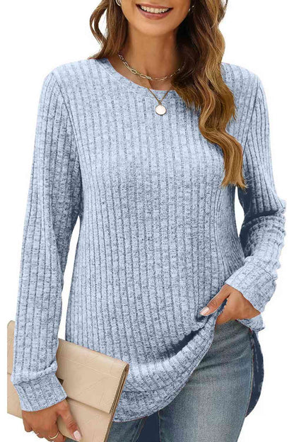 Ribbed Round Neck Long Sleeve T-Shirt