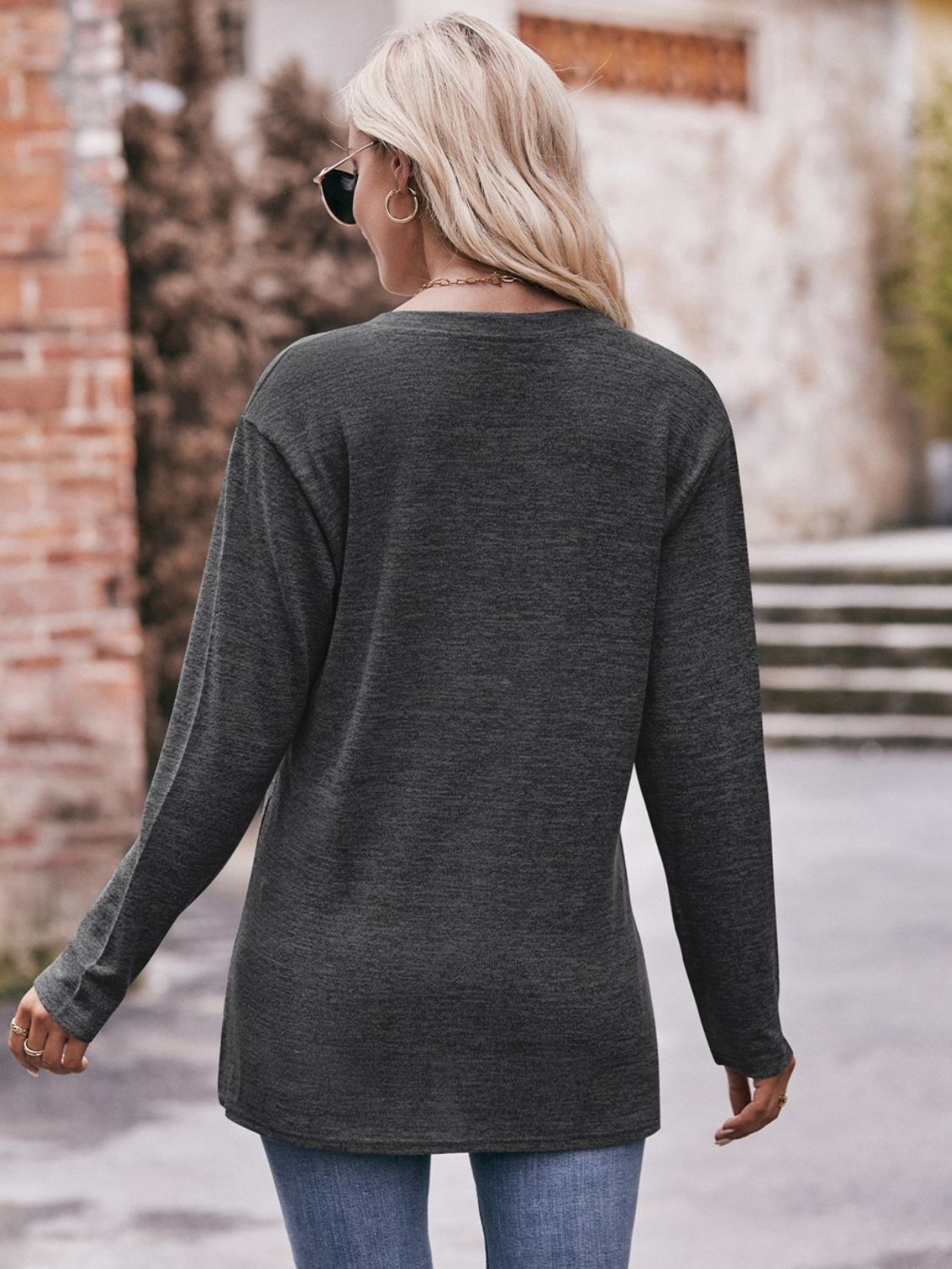 Buttoned Notched Neck Long Sleeve Top