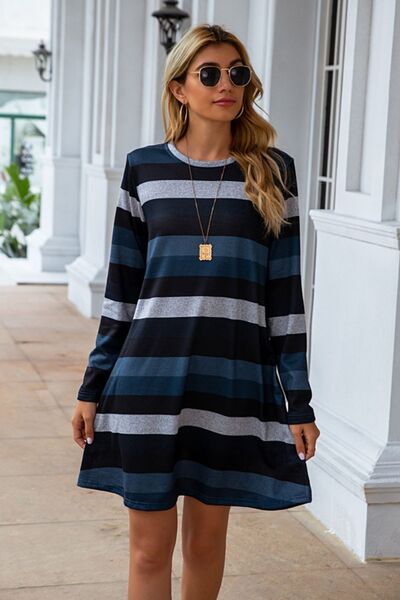 Striped Round Neck Long Sleeve Dress